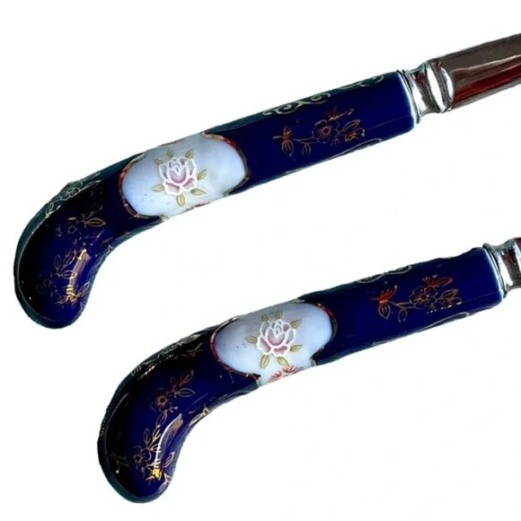 CLOISONNÉ SALAD SERVERS stainless steel SHEFFIELD ENGLAND floral pattern EUC - Picture 5 of 16